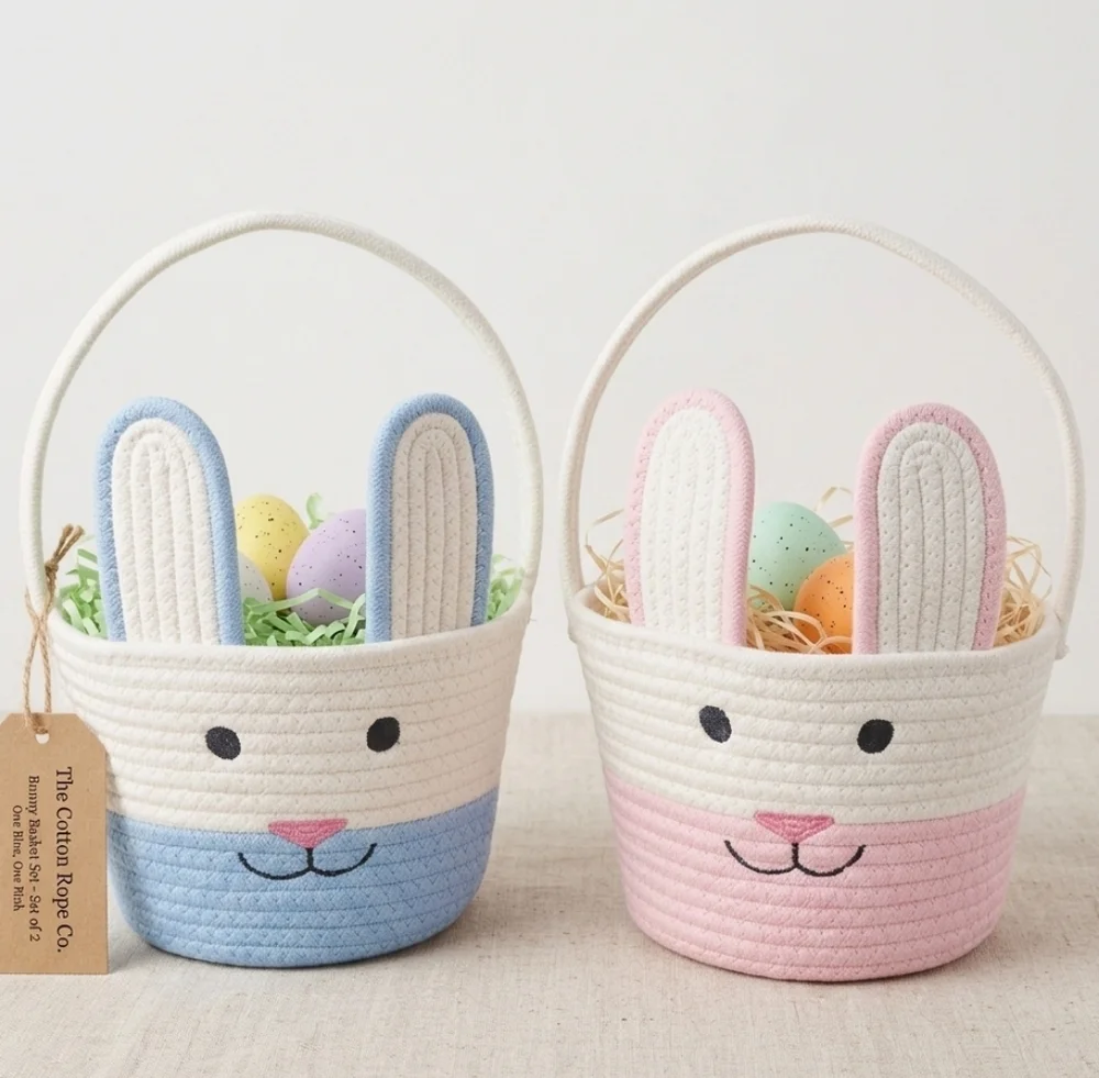 2 Bunny Ear Rope Easter Baskets - Blue and Pink Options
